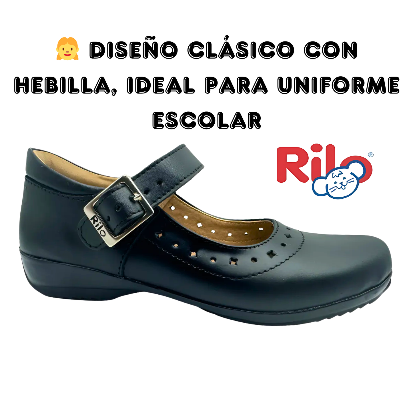 Zapato Escolar Rilo Niña Negro Con Hebilla En Piel Mod. 9013