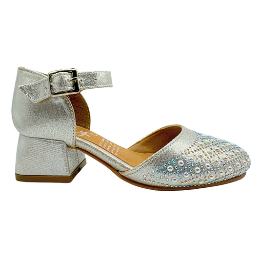 Zapatilla Tacón Niña Plata Elegante Fiesta Con Brillos