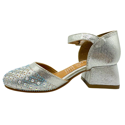 Zapatilla Tacón Niña Plata Elegante Fiesta Con Brillos