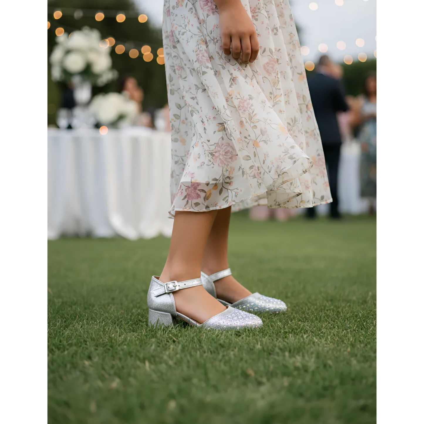 Zapatilla Tacón Niña Plata Elegante Fiesta Con Brillos