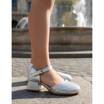 Zapatilla Tacón Niña Plata Elegante Fiesta Con Brillos